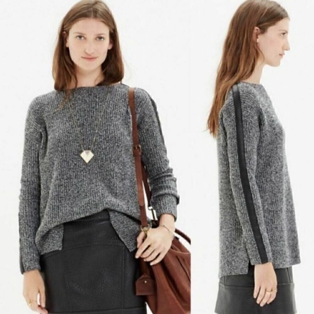 Madewell Merino Wool Marled Gray Leather Trim Ribbed Boatneck Sweater S‌‌‌‌‌‌‌‌‌